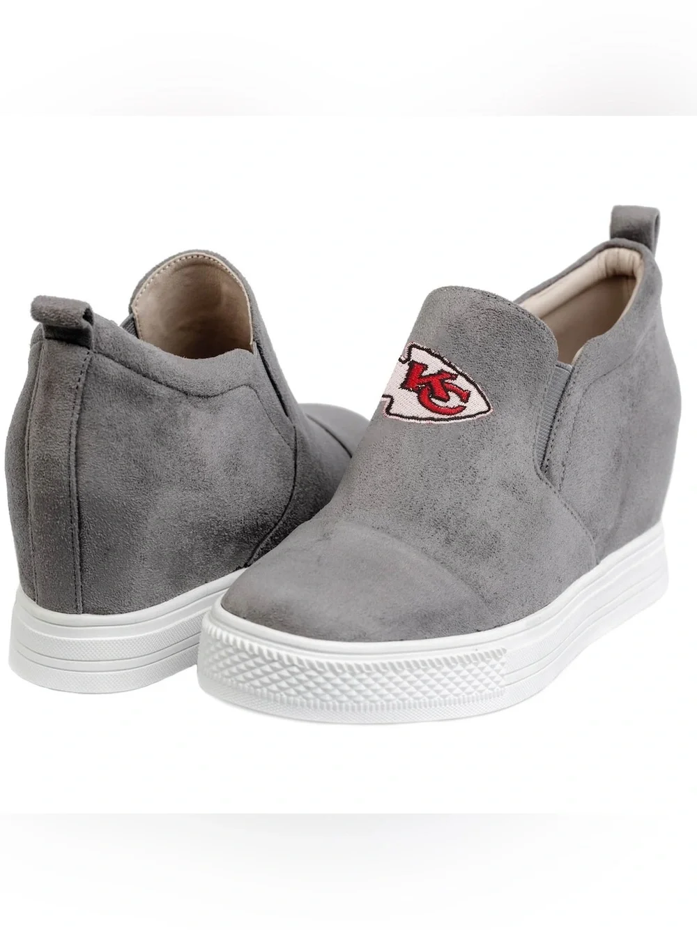 NFL Gray Suede Platform Wedge Sneakers with Red Logo